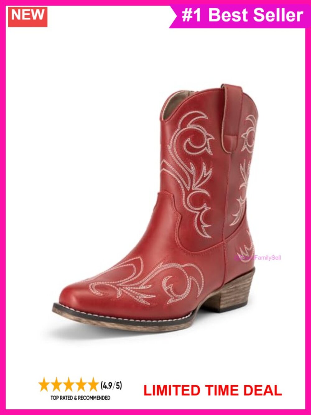Western Ankle Boots Embroidered Faux Leather Square Toe Cuban Heel